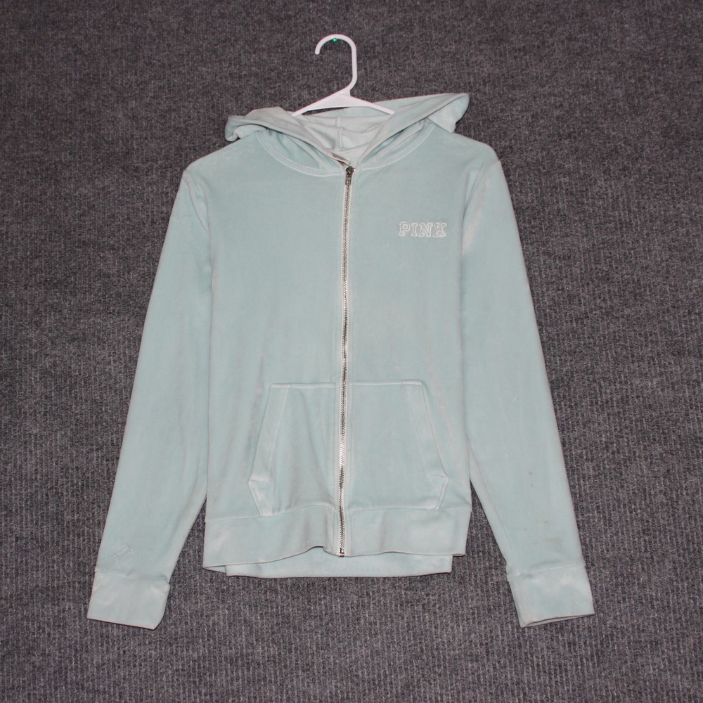 Victoria's Secret PINK Velour Hoodie Full Zip Jacket Womens M Light Blue Pocket